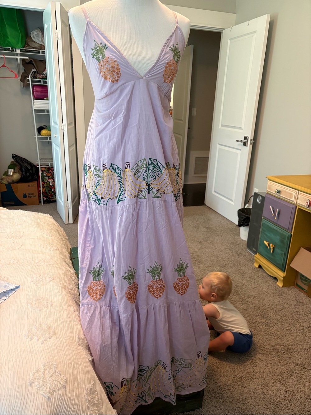 Lilac Pineapple and Banana beaded Print Maxi Dress with Spaghetti Straps